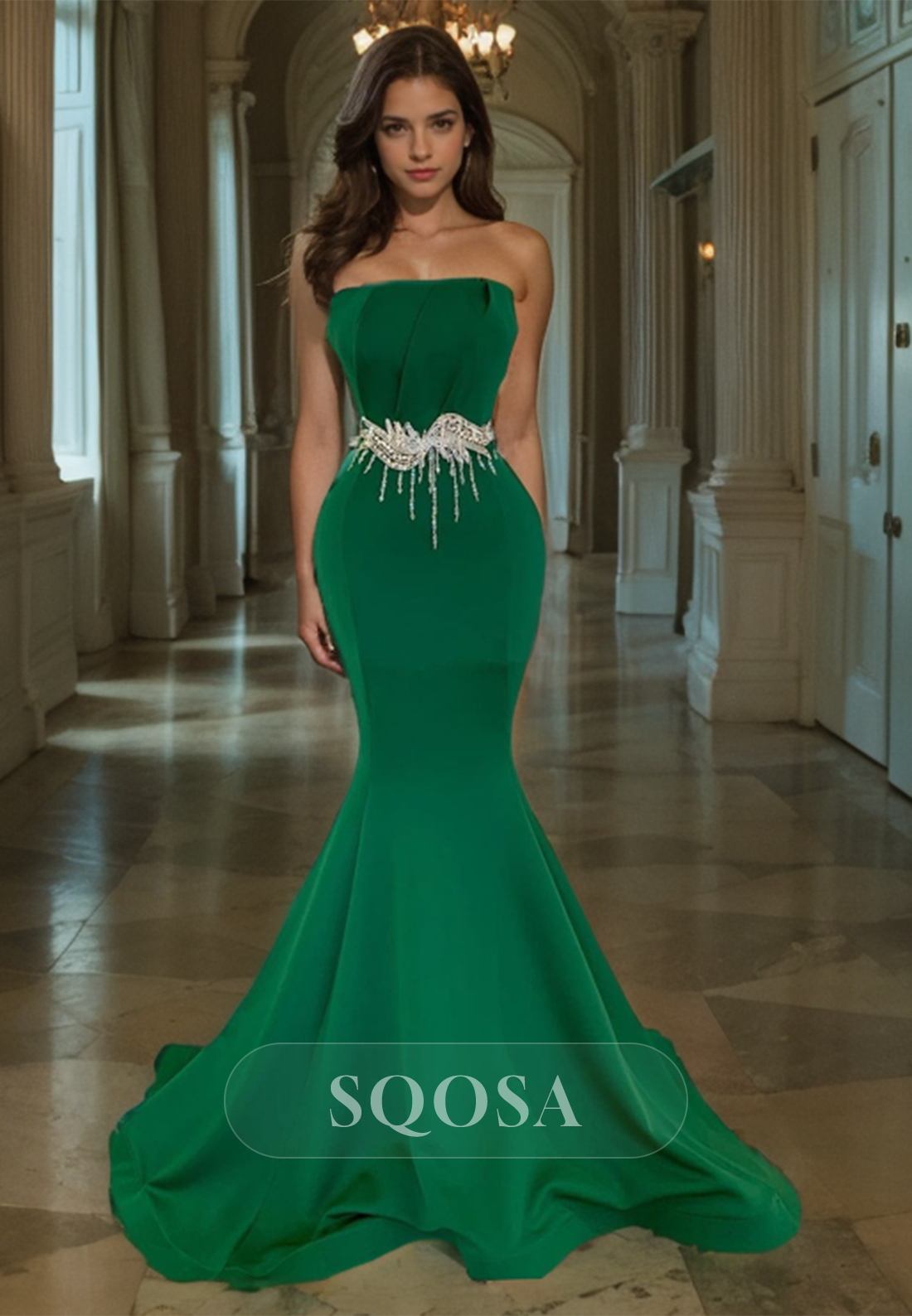Mermaid Strapless Crystal Sashes Green Prom Dress with Train Formal Gown Mermaid Strapless Crystal Sashes Green Prom Dress with Train Formal Gown