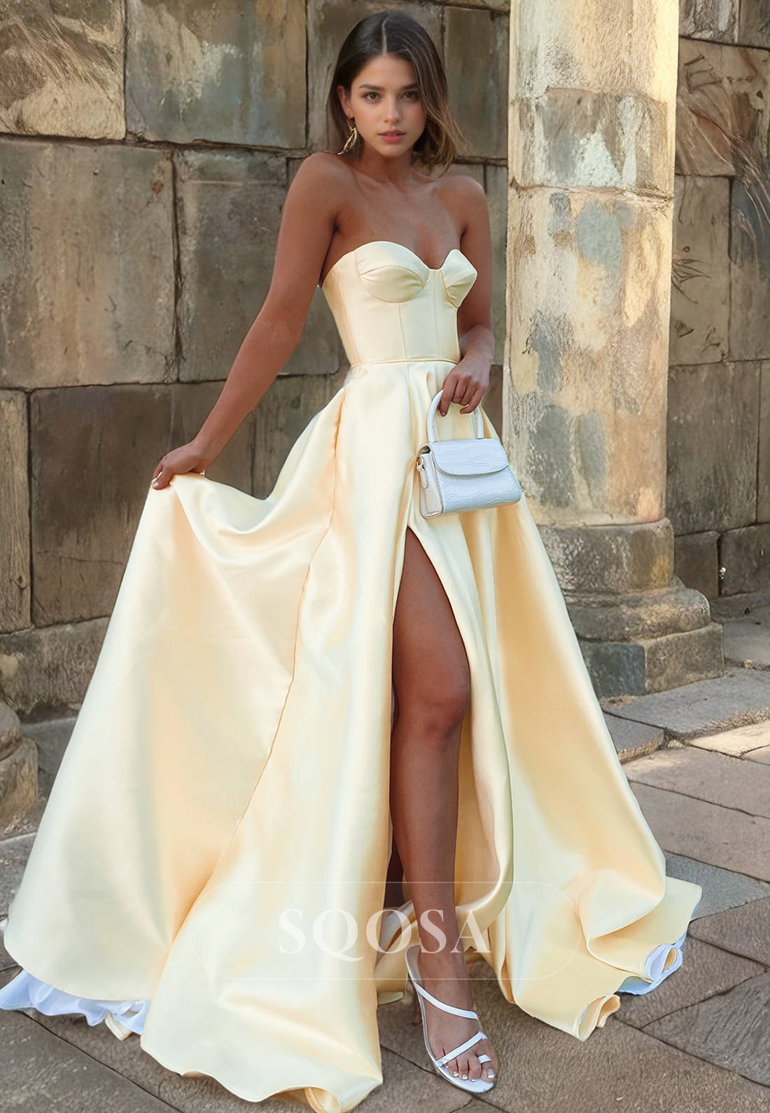 Sexy Sweetheart Sleeveless A-Line Long Prom Dress with Stain High Slit Evening Party Yellow / US2 Sexy Sweetheart Sleeveless A-Line Long Prom Dress with Stain High Slit Evening Party Yellow / US2