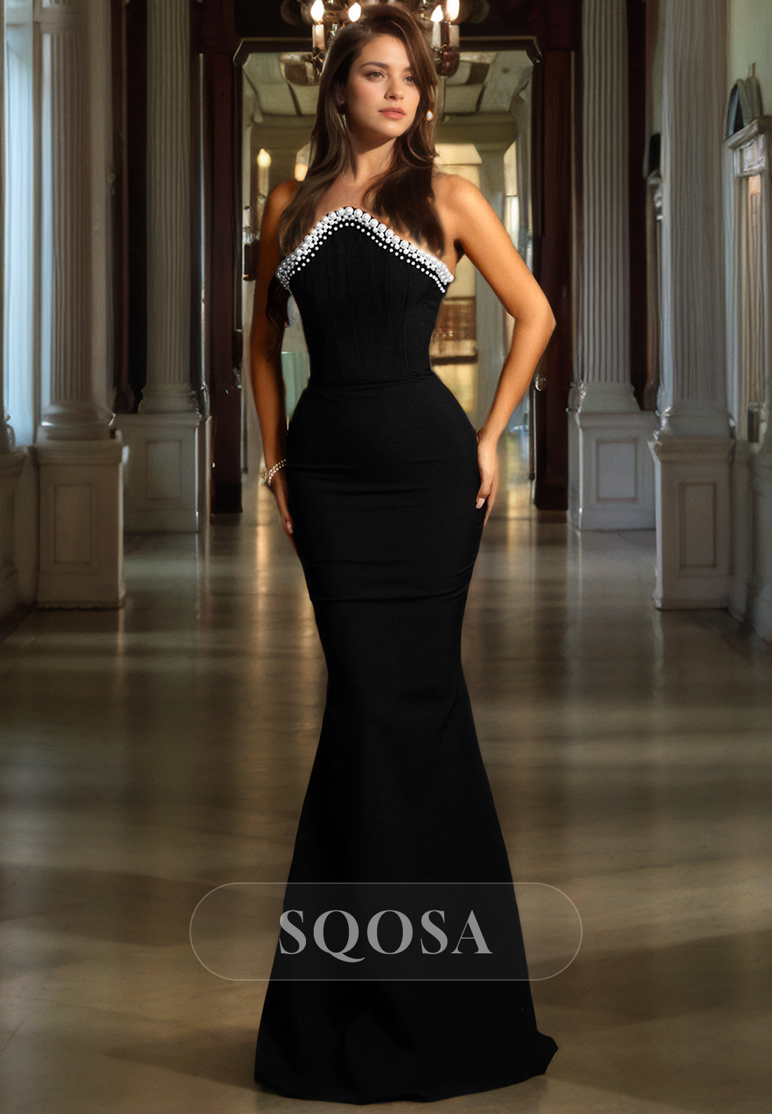 Ornate Tube Top Sleeveless Mermaid with Beaded Stretch Satin Prom Dress for Formal Evening Black / US16 Ornate Tube Top Sleeveless Mermaid with Beaded Stretch Satin Prom Dress for Formal Evening Black / US16