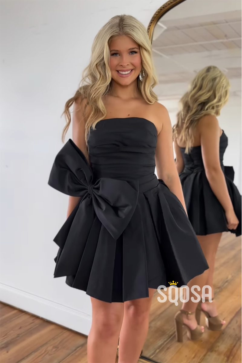 A-Line Strapless Satin Bowknot Black Short Homecoming Dress Cheap QH24 SQOSA A-Line Strapless Satin Bowknot Black Short Homecoming Dress Cheap QH24 SQOSA