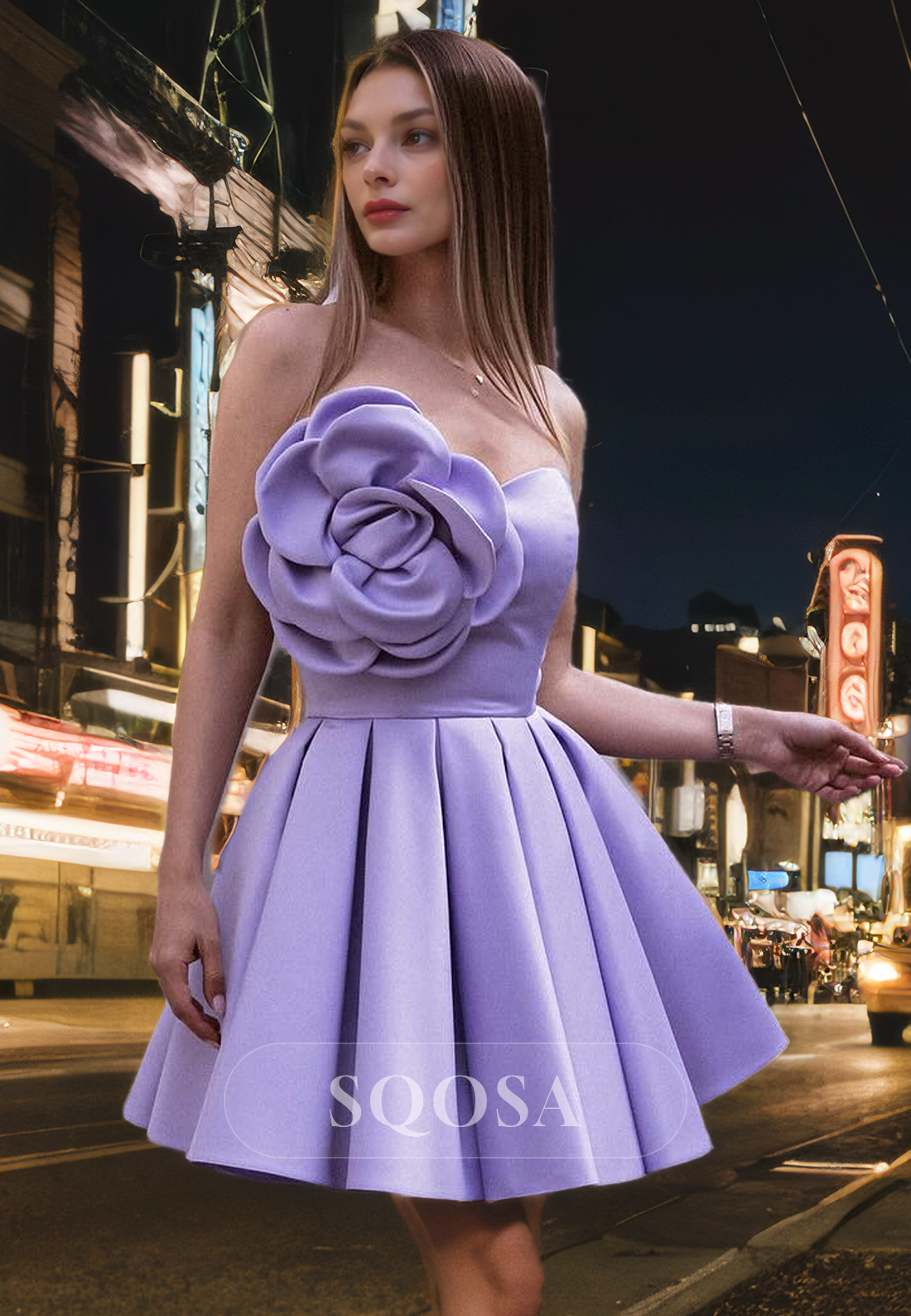 A Line Beautiful Flowers Satin Homecoming Dress Short Prom Party Dress SQOSA A Line Beautiful Flowers Satin Homecoming Dress Short Prom Party Dress SQOSA