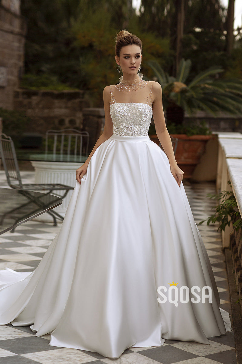 Illusion neckline Pearls Strapless Satin Wedding Dress Bridal Gowns Wi SQOSA Illusion neckline Pearls Strapless Satin Wedding Dress Bridal Gowns Wi SQOSA