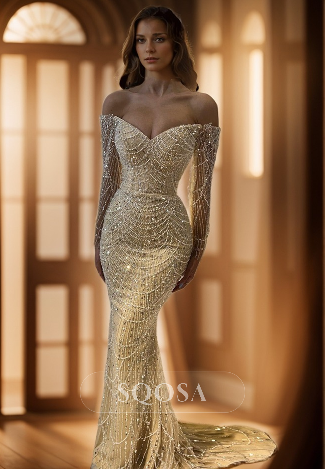 Sqosa Champagne Off Shoulder Beaded Sexy Long Sleeves Prom Dress Evening Dress US4 Custom Color