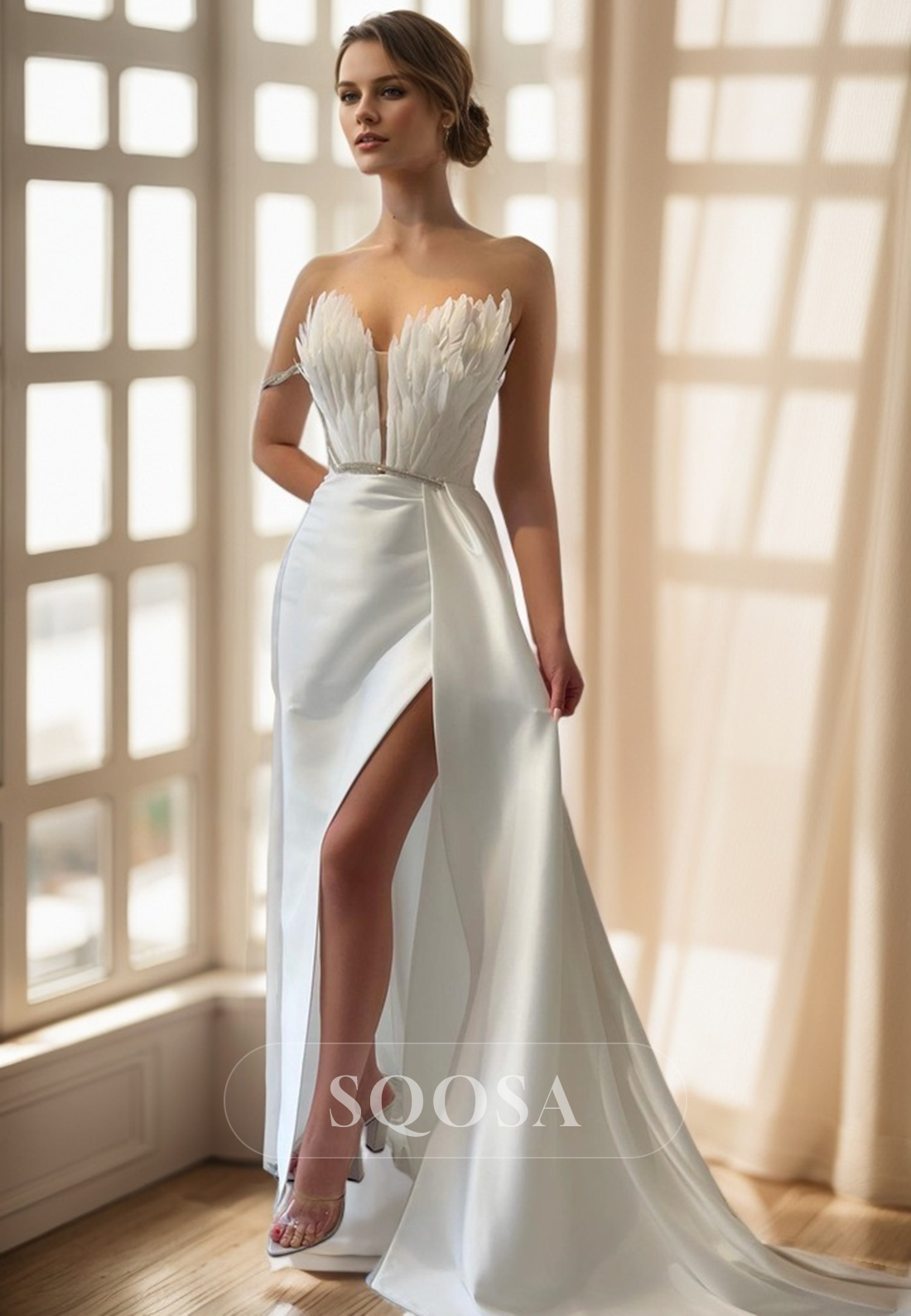 Plunging V-neck Feathers High Split Long Formal Evening Dress SQOSA Plunging V-neck Feathers High Split Long Formal Evening Dress SQOSA