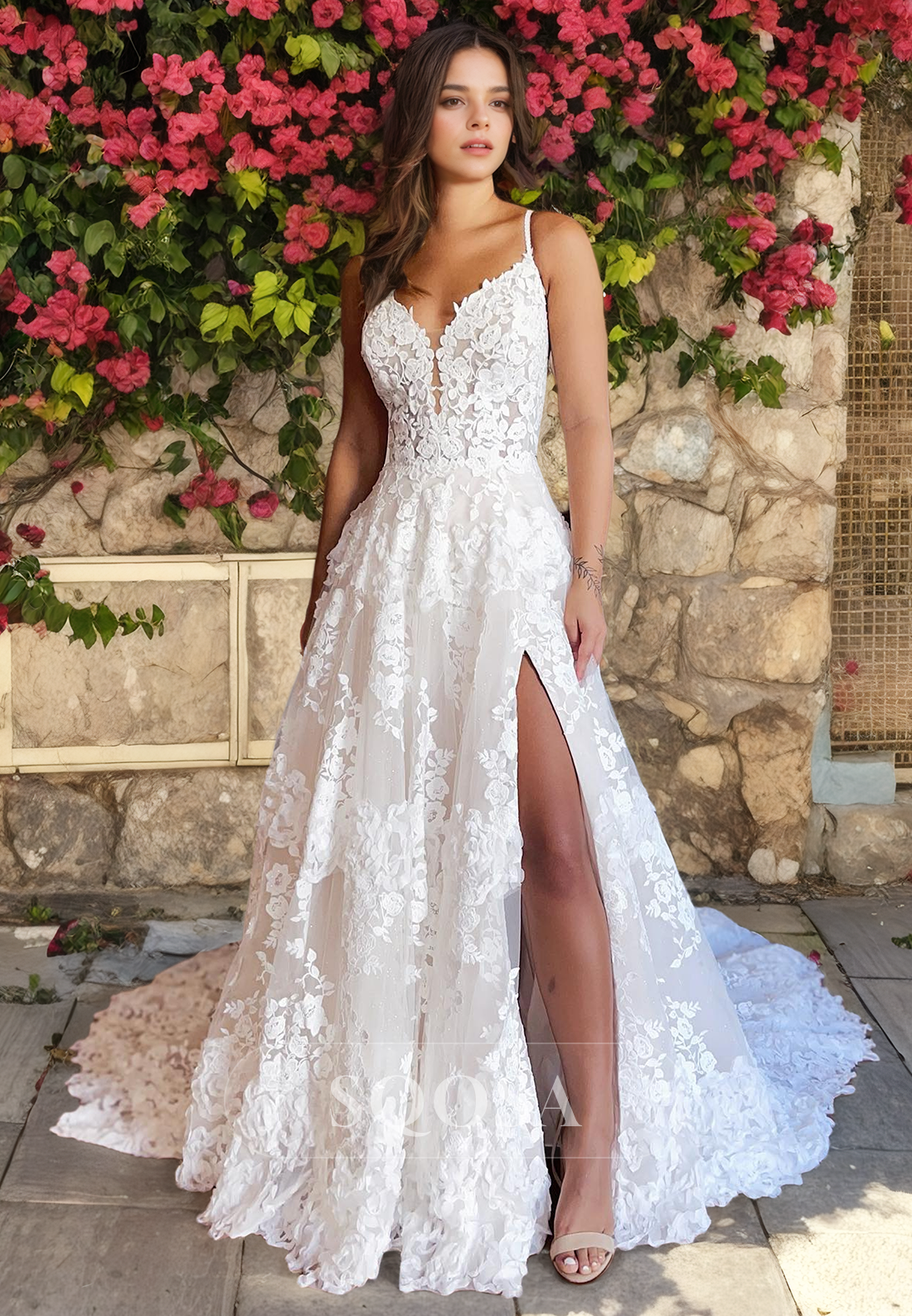 A Line V neck Allover Lace Romantic Wedding Dress with Slit Bridal Gow – SQOSA