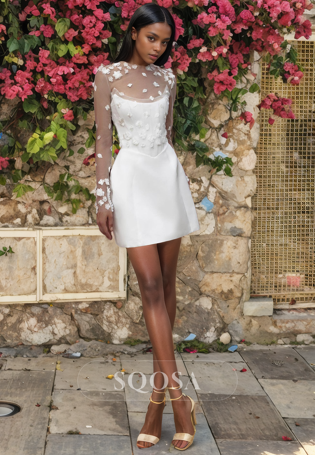 A line Illusion Neckline Appliques Short Beach Wedding Dress US4 / Ivory A line Illusion Neckline Appliques Short Beach Wedding Dress US4 / Ivory
