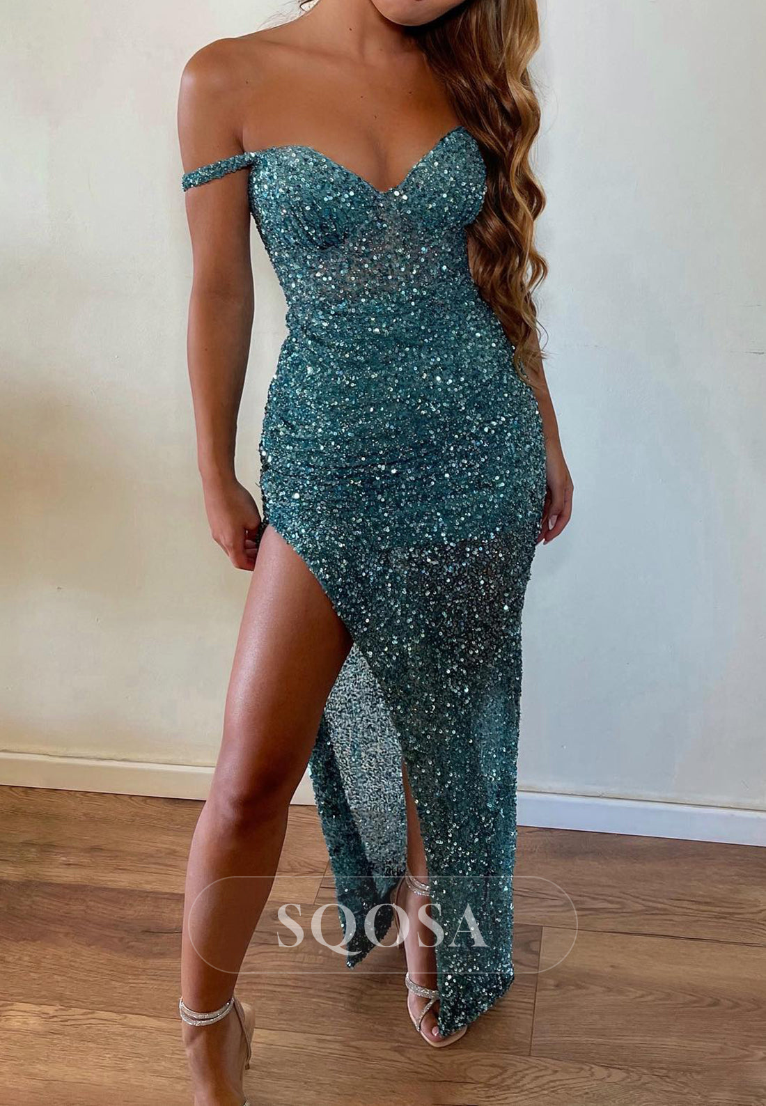 Sexy Fitted Off-Shoulder Sequined With Side Slit Party Prom Evening Dress QP3564