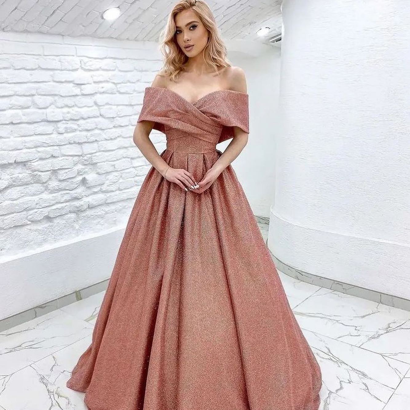 Sparkle A-Line Off-Shoulder Pleated Formal Prom Dress Evening Gown QP3125