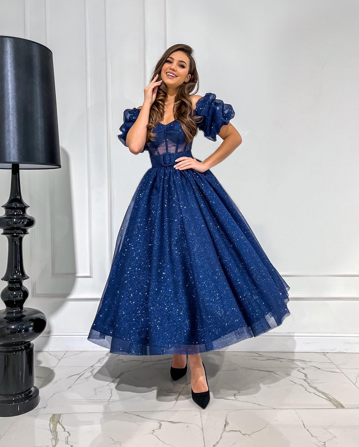 A-Line Off- Shoulder Sparkly Sheer Royal Blue Prom Evening Dress QP3139