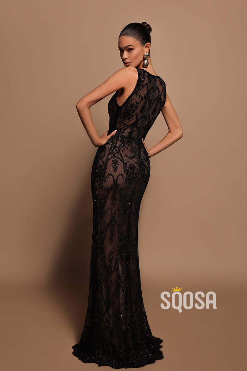 Chic & Modern V-Neck Illusion Beaded Black Prom Dress Evening Gown QP3126