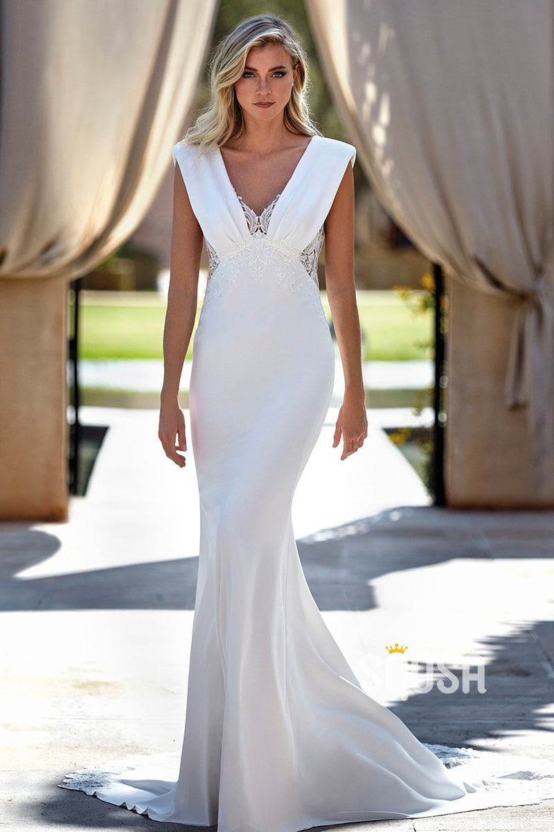 Mermaid V-Neck Lace Satin Casual Wedding Dress Boho Bridal Gowns QW8052 Custom Size / Custom Color Mermaid V-Neck Lace Satin Casual Wedding Dress Boho Bridal Gowns QW8052 Custom Size / Custom Color