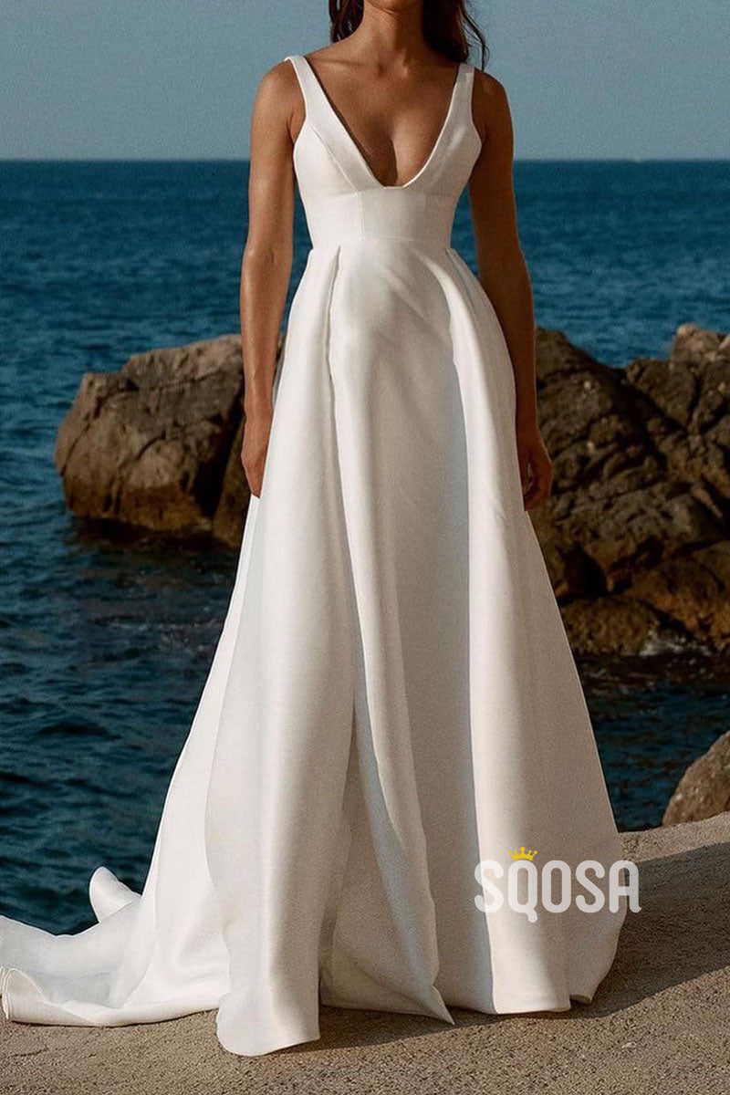 sleeveless women's white wedding dress for a royal wedding Satin A-Line V-Neck Sleeveless High Slit With Train Wedding Dress QW81 – SQOSA