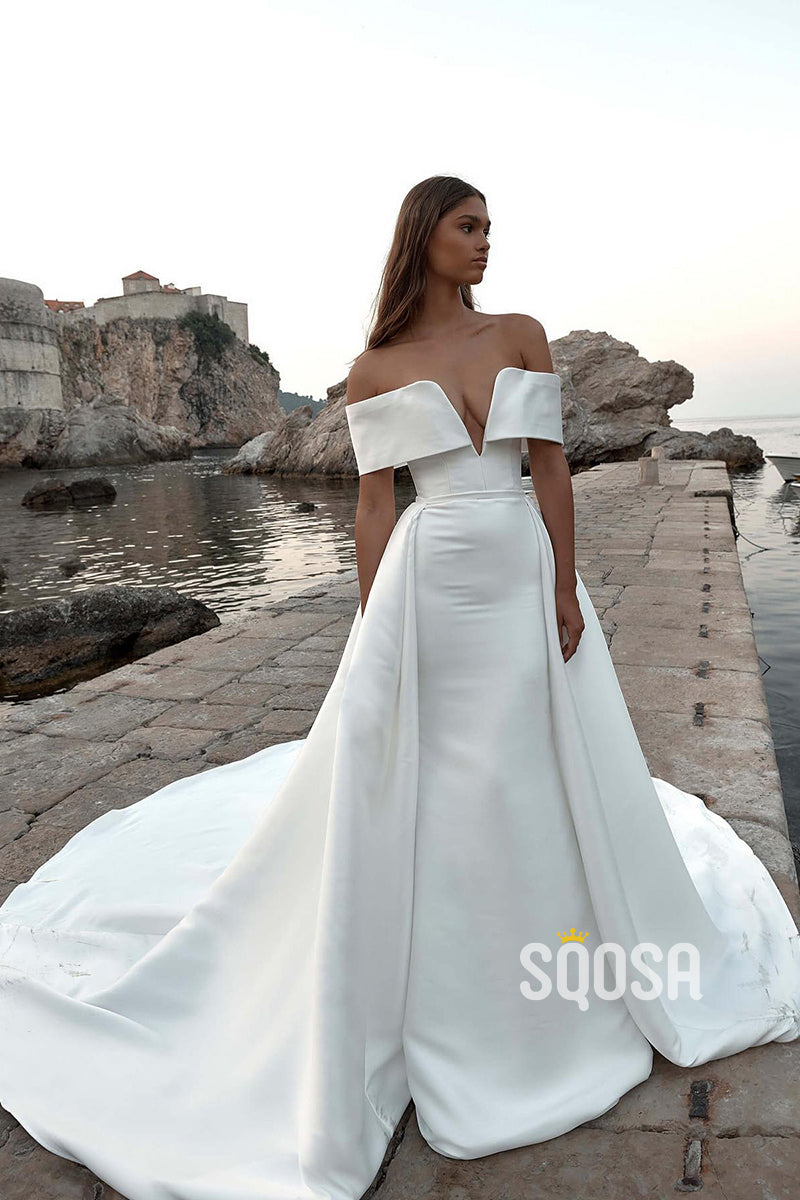Wedding Gown V Neck Off Shoulder Gown A-Line Off-Shoulder V-Neck