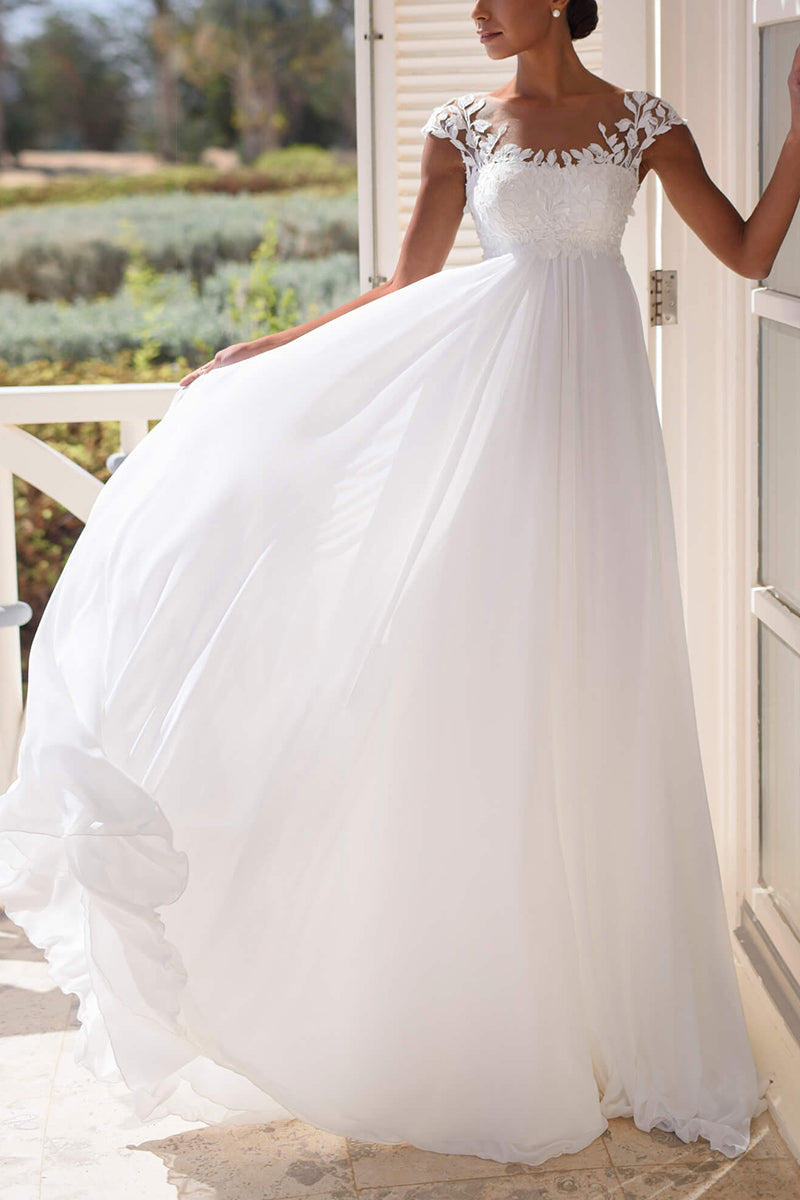 A Line Scoop Cap Sleeves Lace Appliques Beach Wedding Dress QW2623 US6 / Custom Color A Line Scoop Cap Sleeves Lace Appliques Beach Wedding Dress QW2623 US6 / Custom Color
