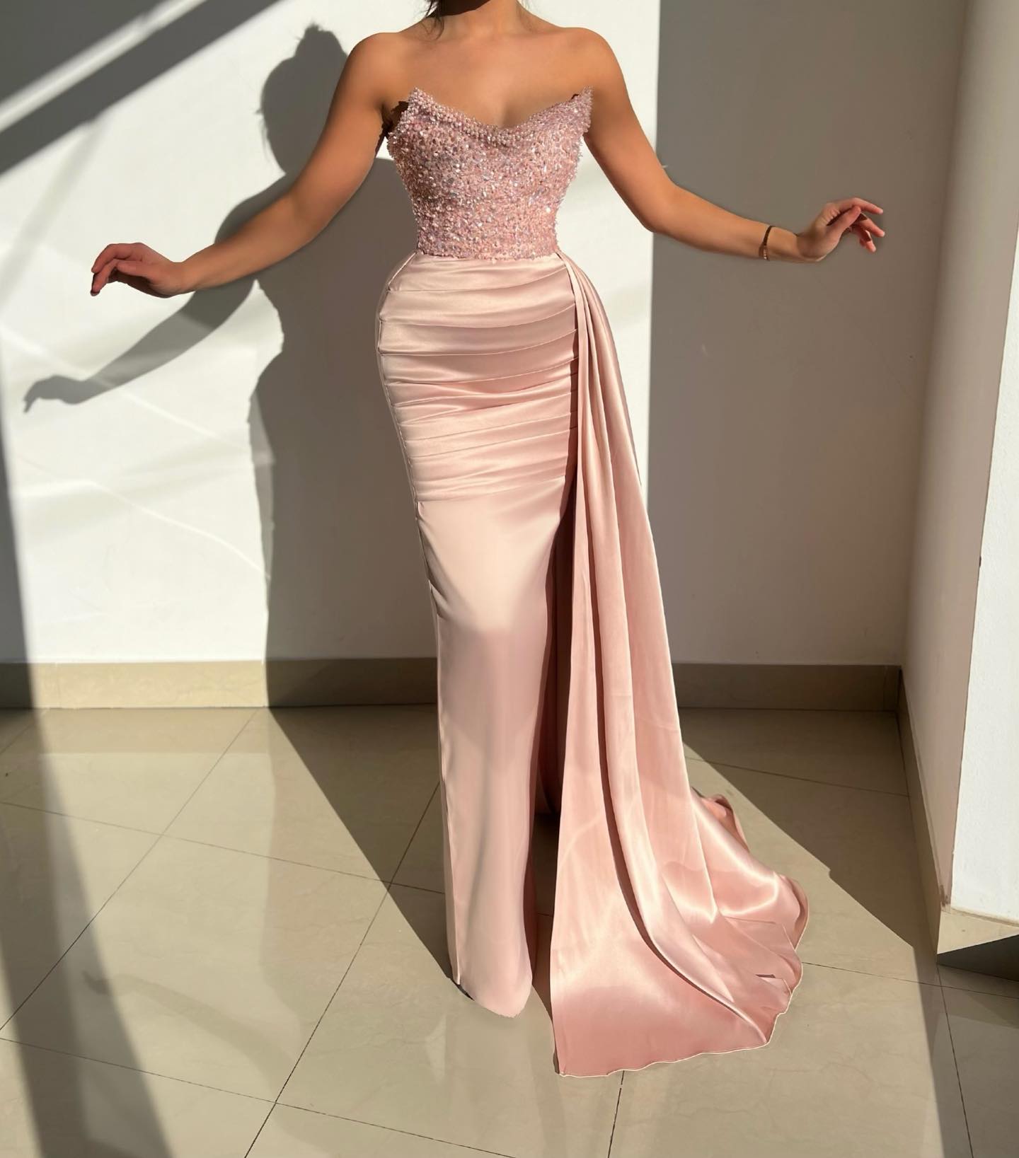 Chic Strapless Beaded PinkLog Prom Evening Dress With Sweep Train QP31 SQOSA Chic Strapless Beaded PinkLog Prom Evening Dress With Sweep Train QP31 SQOSA