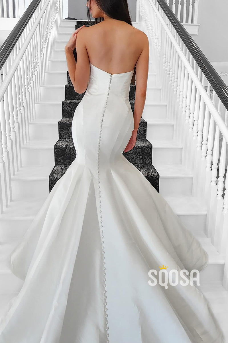 Simple Satin Bateau Strapless Empire With Train Wedding Dress QW8163