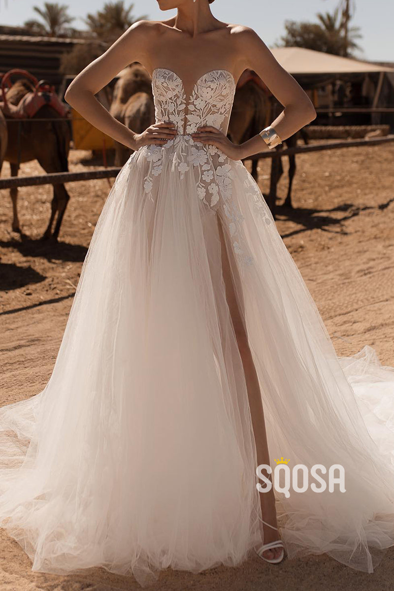 Sheer Tulle A-Line Sweetheart Lace Applique With Side Slit Wedding Dress QW8130 Custom Size / Custom Color Sheer Tulle A-Line Sweetheart Lace Applique With Side Slit Wedding Dress QW8130 Custom Size / Custom Color