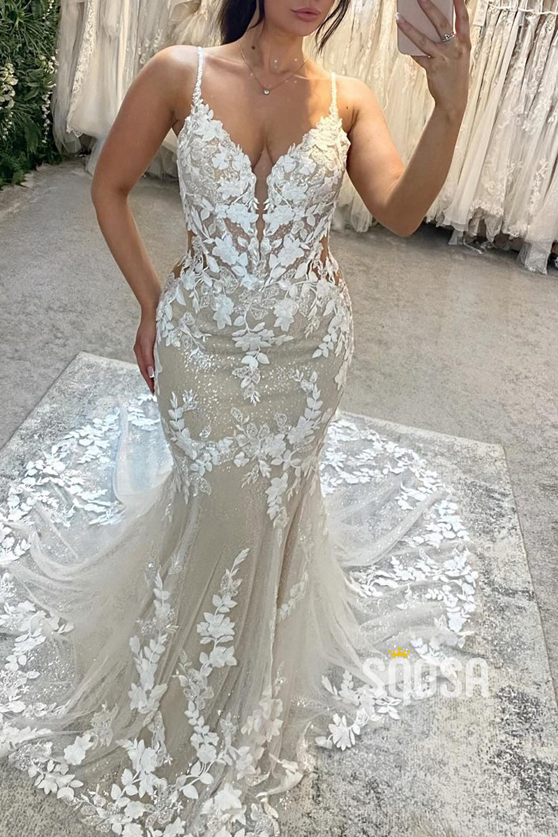 wedding dress sheer straps Bohemian Lace a line wedding dress with Open Back, Sheer Straps, and V-Neck