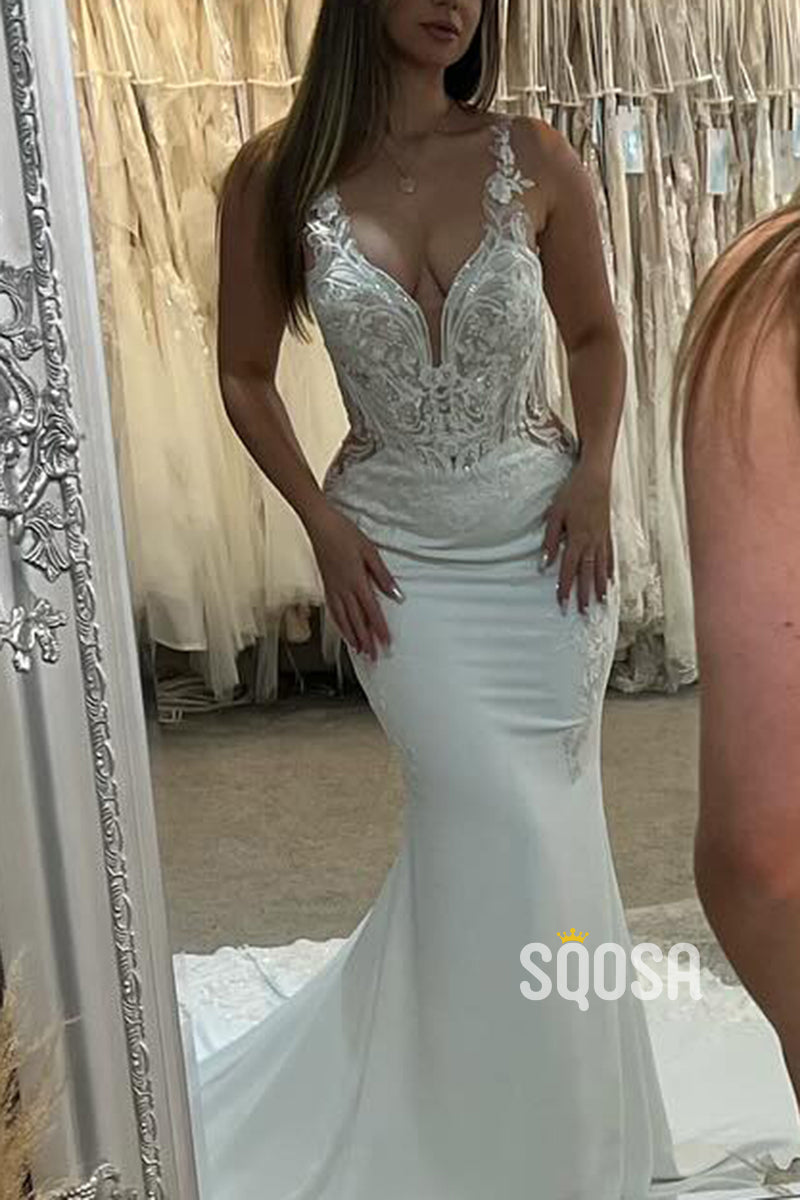 Satin V-Neck Spaghetti Straps Lace Applique Beaded with Train Wedding Dress QW8160 US4 / Picture Color Satin V-Neck Spaghetti Straps Lace Applique Beaded with Train Wedding Dress QW8160 US4 / Picture Color