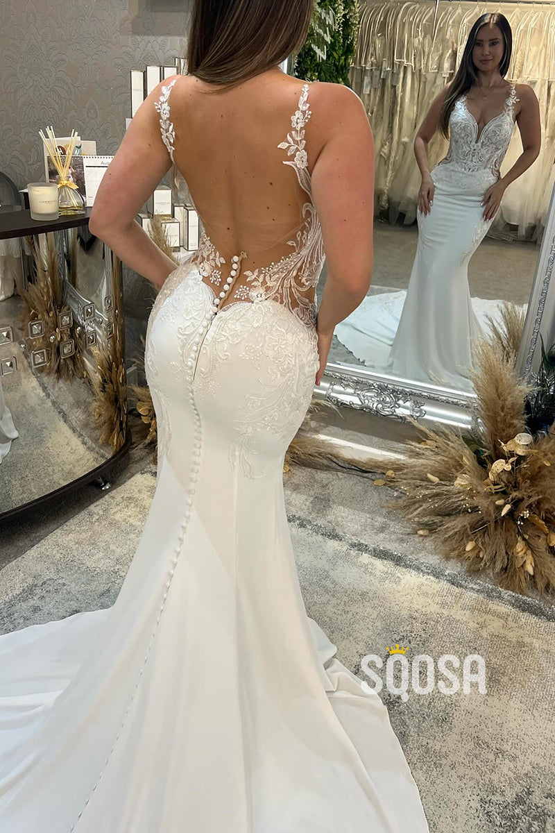 Satin V-Neck Spaghetti Straps Lace Applique Beaded With Train Wedding Dress QW8160