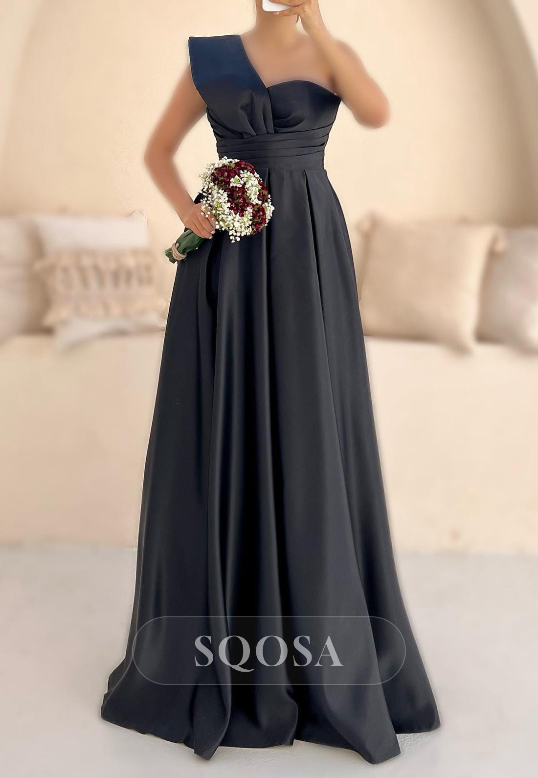 Satin A-Line One Shoulder Ruched Party Prom Evening Dress QP3556 SQOSA Satin A-Line One Shoulder Ruched Party Prom Evening Dress QP3556 SQOSA