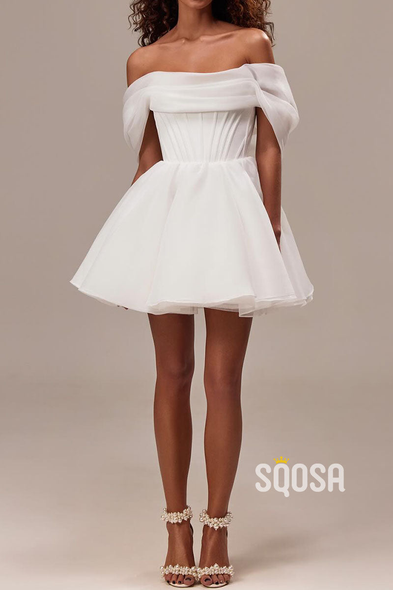 Chic Tulle A-Line Off-Shoulder Lace-Up Short Wedding Dress QW8198 US12 / Custom Color Chic Tulle A-Line Off-Shoulder Lace-Up Short Wedding Dress QW8198 US12 / Custom Color