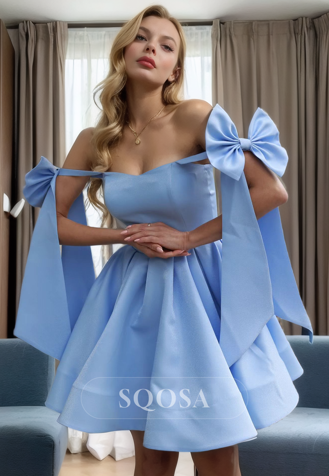 A Line Off Shoulder Sky Blue Satin Homecoming Dress Short Graduation Dress US10 / Custom Color A Line Off Shoulder Sky Blue Satin Homecoming Dress Short Graduation Dress US10 / Custom Color