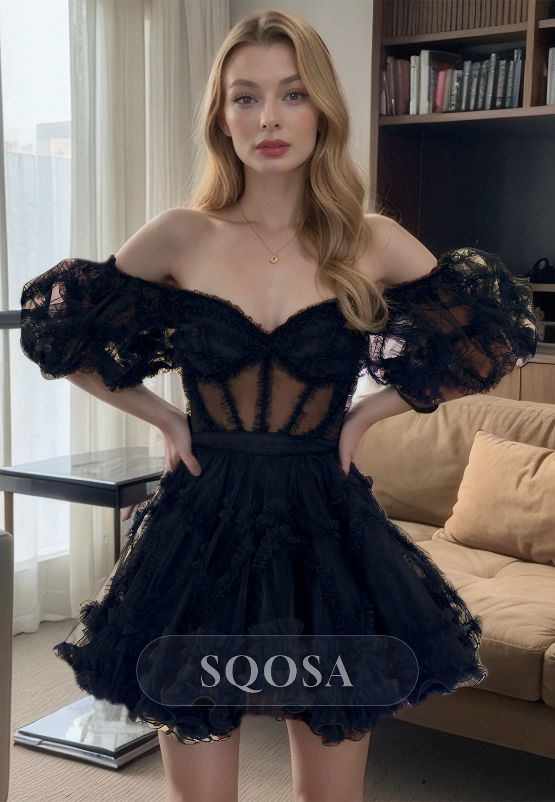 A Line Off Shoulder Short Sleeves Tulle Black Homecoming Dress Short Graduation Dress US16 / Custom Color A Line Off Shoulder Short Sleeves Tulle Black Homecoming Dress Short Graduation Dress US16 / Custom Color
