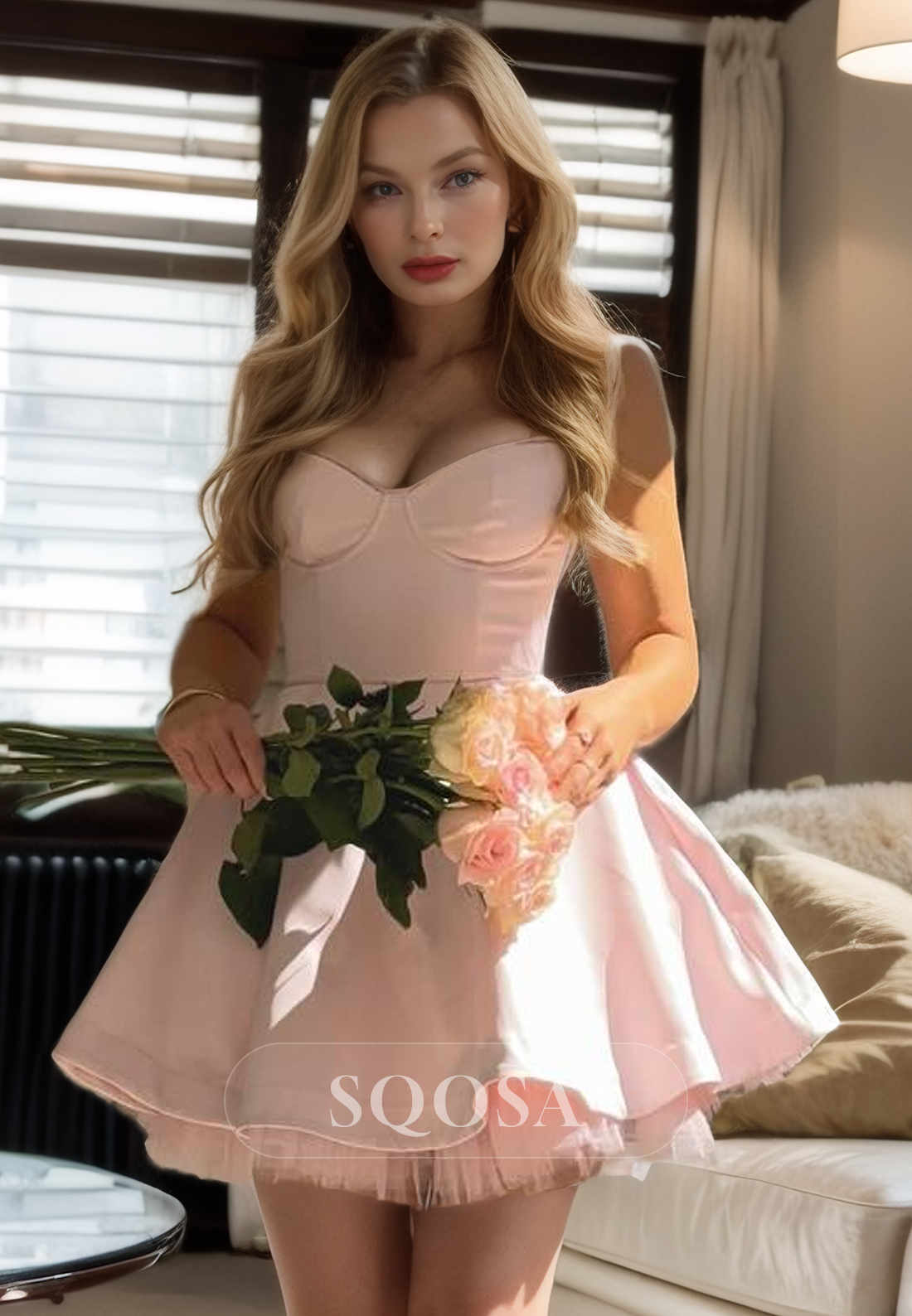 A Line Spaghetti Straps Pink Homecoming Dress Short Prom Party Dress SQOSA A Line Spaghetti Straps Pink Homecoming Dress Short Prom Party Dress SQOSA