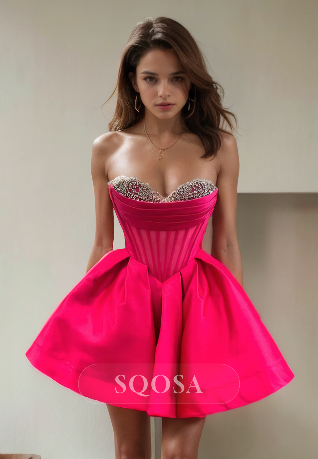A Line Sweetheart Beads Satin Pink Homecoming Dress Short Graduation D SQOSA A Line Sweetheart Beads Satin Pink Homecoming Dress Short Graduation D SQOSA