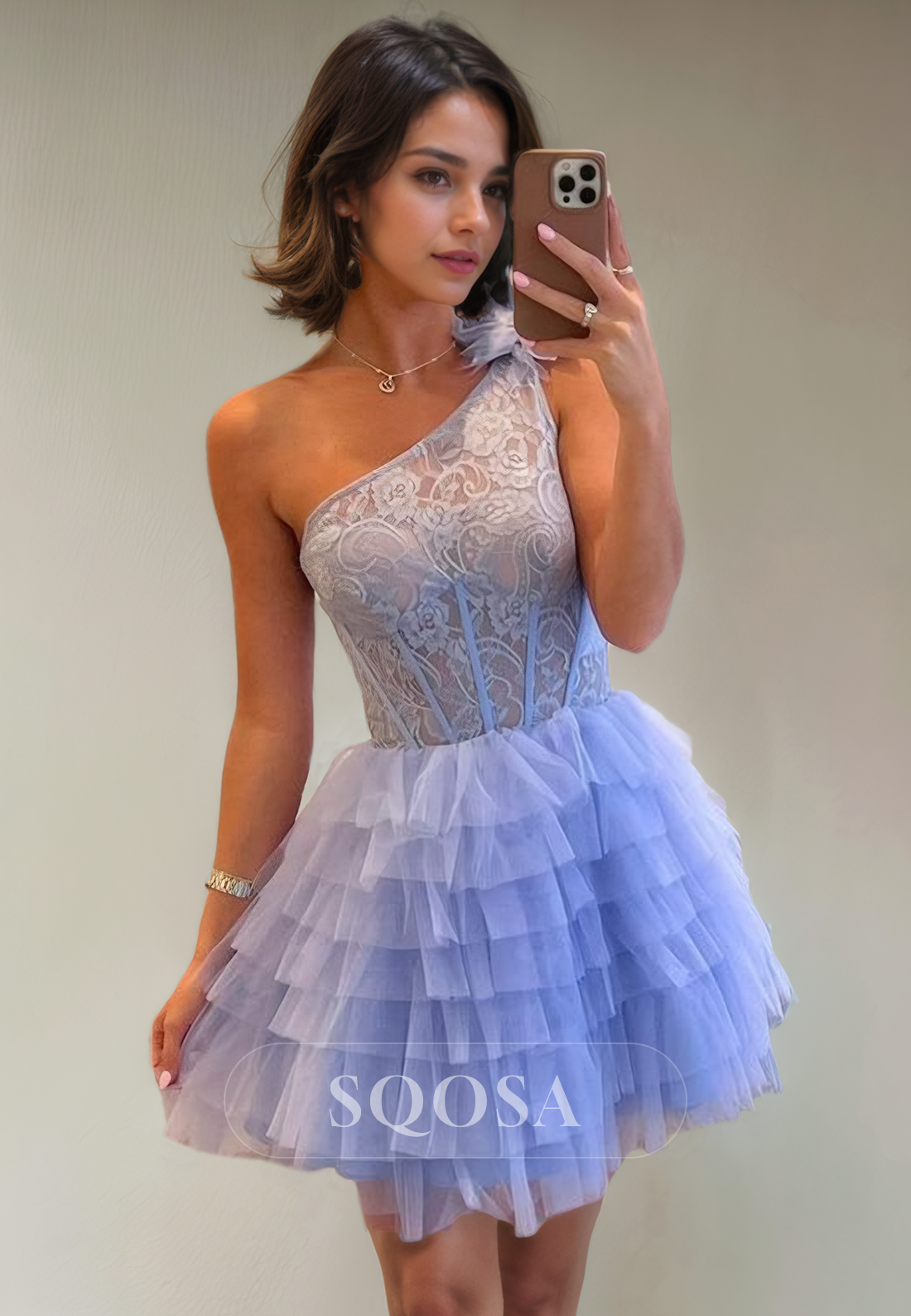 A Line One Shoulder Lace Top Cute Homecoming Dress Short Graduation Dress US14 / Lilac A Line One Shoulder Lace Top Cute Homecoming Dress Short Graduation Dress US14 / Lilac