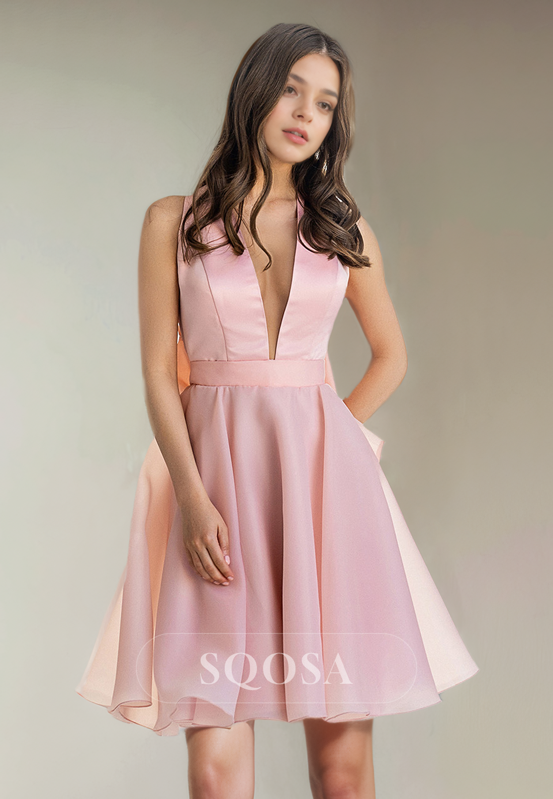 A Line V Neck Pink Homecoming Dress Short Prom Party Dress SQOSA A Line V Neck Pink Homecoming Dress Short Prom Party Dress SQOSA