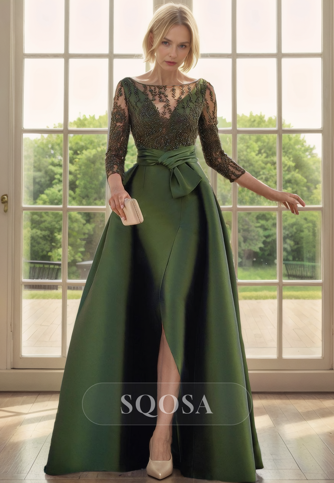 Illusion Neckline Lace Top 3/4 Sleeves Mother of the Bride Dress Green Cocktail Dress Illusion Neckline Lace Top 3/4 Sleeves Mother of the Bride Dress Green Cocktail Dress