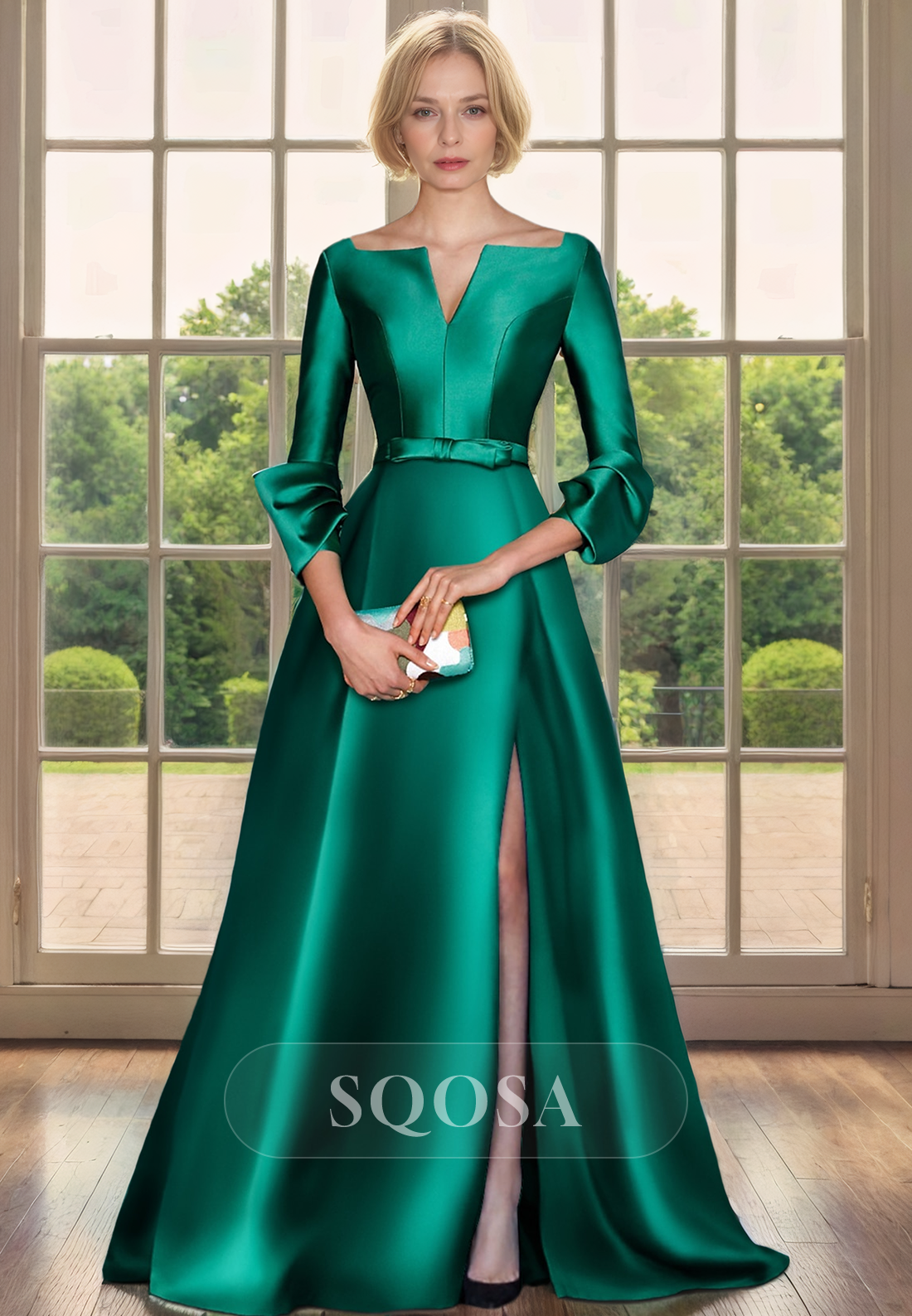 A Line Elegant Satin 3/4 Sleeves Side Slit Long Mother of the Bride Dress Cocktail Dress US10 / Champagne A Line Elegant Satin 3/4 Sleeves Side Slit Long Mother of the Bride Dress Cocktail Dress US10 / Champagne