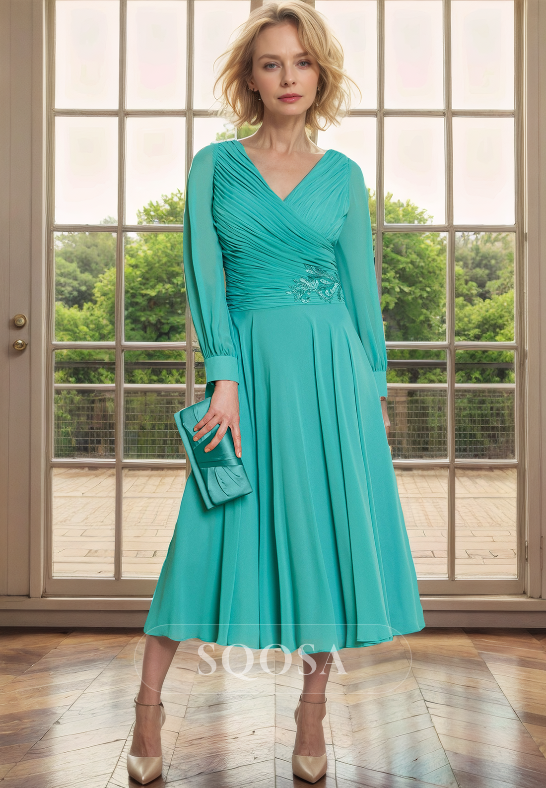 A Line V neck Chiffon Pleats Long Sleeves Mother of the Bride Dress Tea Length Cocktail Dress US4 / Ivory A Line V neck Chiffon Pleats Long Sleeves Mother of the Bride Dress Tea Length Cocktail Dress US4 / Ivory