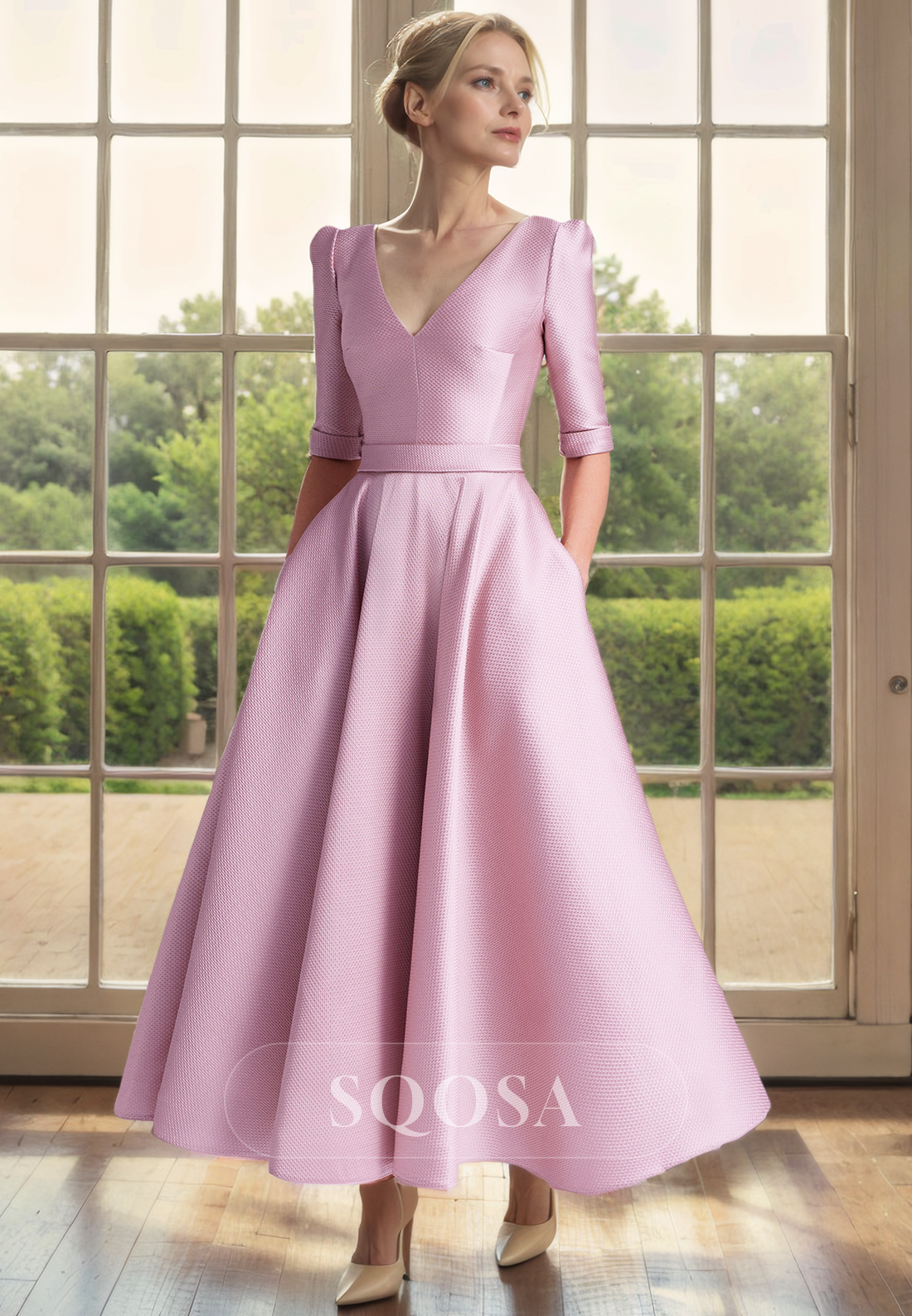 A Line V Neck 3/4 Sleeves Elegant Mother of the Bride Dress with Pockets Pink Cocktail Dress US8 / Pink A Line V Neck 3/4 Sleeves Elegant Mother of the Bride Dress with Pockets Pink Cocktail Dress US8 / Pink