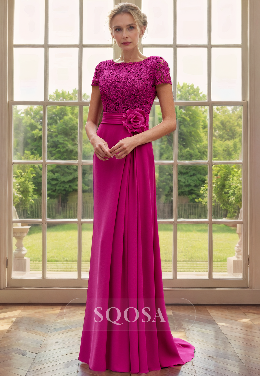 Sheath Bateau Lace Short Sleeves Mother of The Bride Dress Elegant Cocktail Dress US4 / Fuchsia Sheath Bateau Lace Short Sleeves Mother of The Bride Dress Elegant Cocktail Dress US4 / Fuchsia
