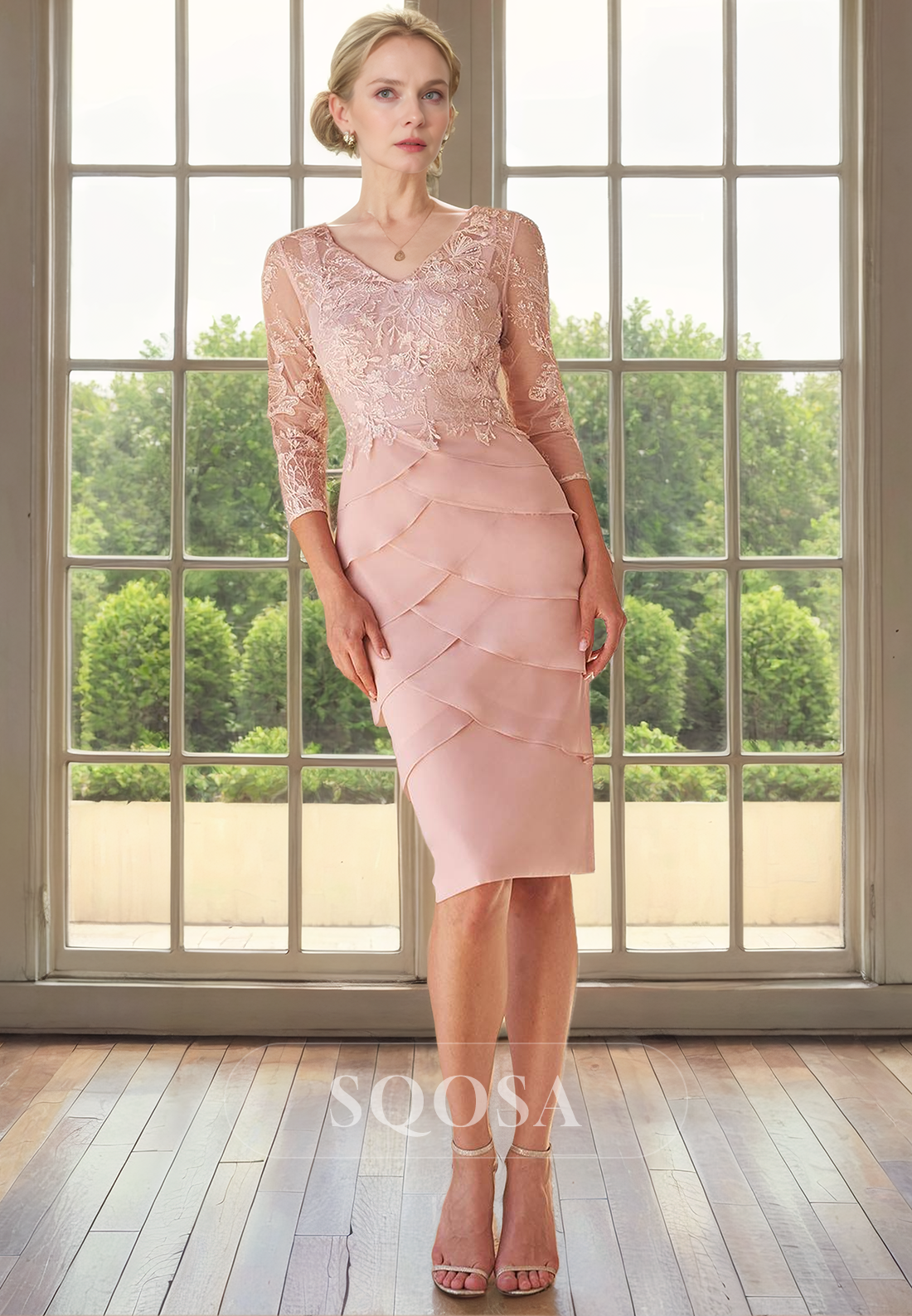 Sheath V Neck 3/4 Sleeves Lace Elegant Mother of the Bride Dress for Wedding US6 / Pink Sheath V Neck 3/4 Sleeves Lace Elegant Mother of the Bride Dress for Wedding US6 / Pink