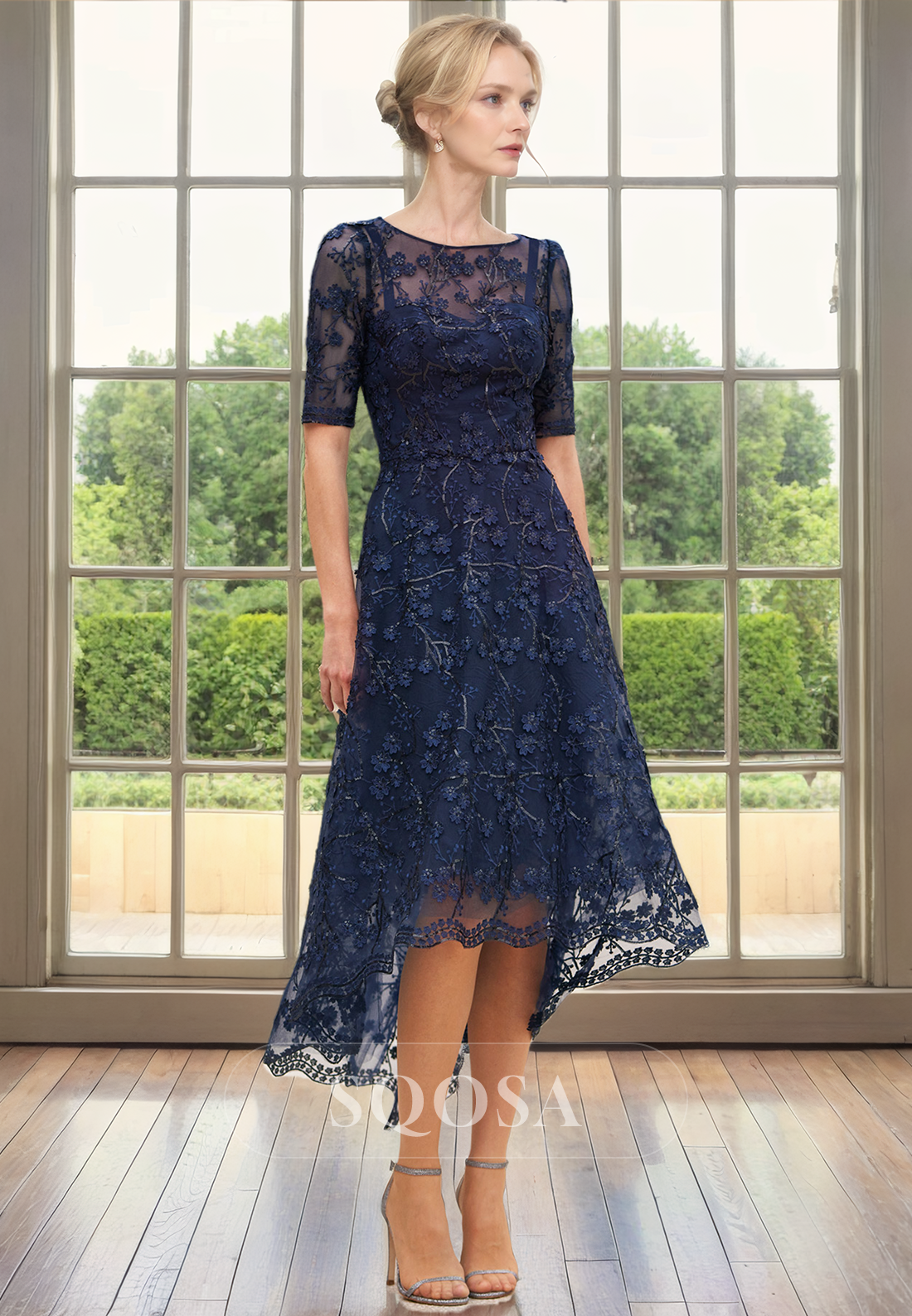 A Line Scoop Half Sleeves Elegant Lace Mother of the Bride Dress for W SQOSA A Line Scoop Half Sleeves Elegant Lace Mother of the Bride Dress for W SQOSA