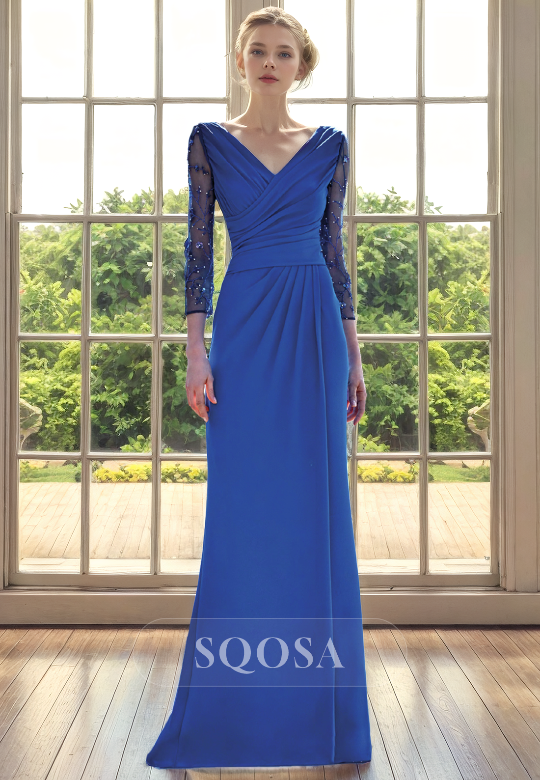 Sheath V Neck Pleats 3/4 Sleeves Mother of the Bride Dress for Wedding Blue Cockatil Dress US6 / Royal Blue Sheath V Neck Pleats 3/4 Sleeves Mother of the Bride Dress for Wedding Blue Cockatil Dress US6 / Royal Blue