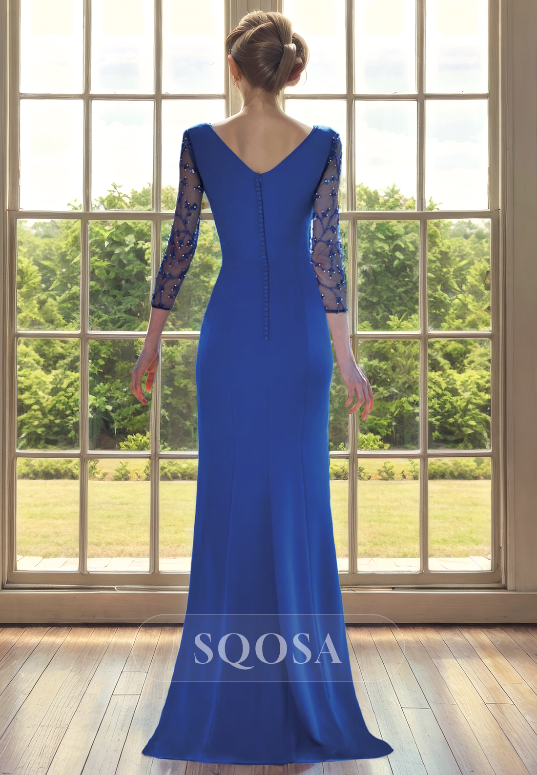 Sheath V Neck Pleats 3/4 Sleeves Mother of the Bride Dress for Wedding Blue Cockatil Dress