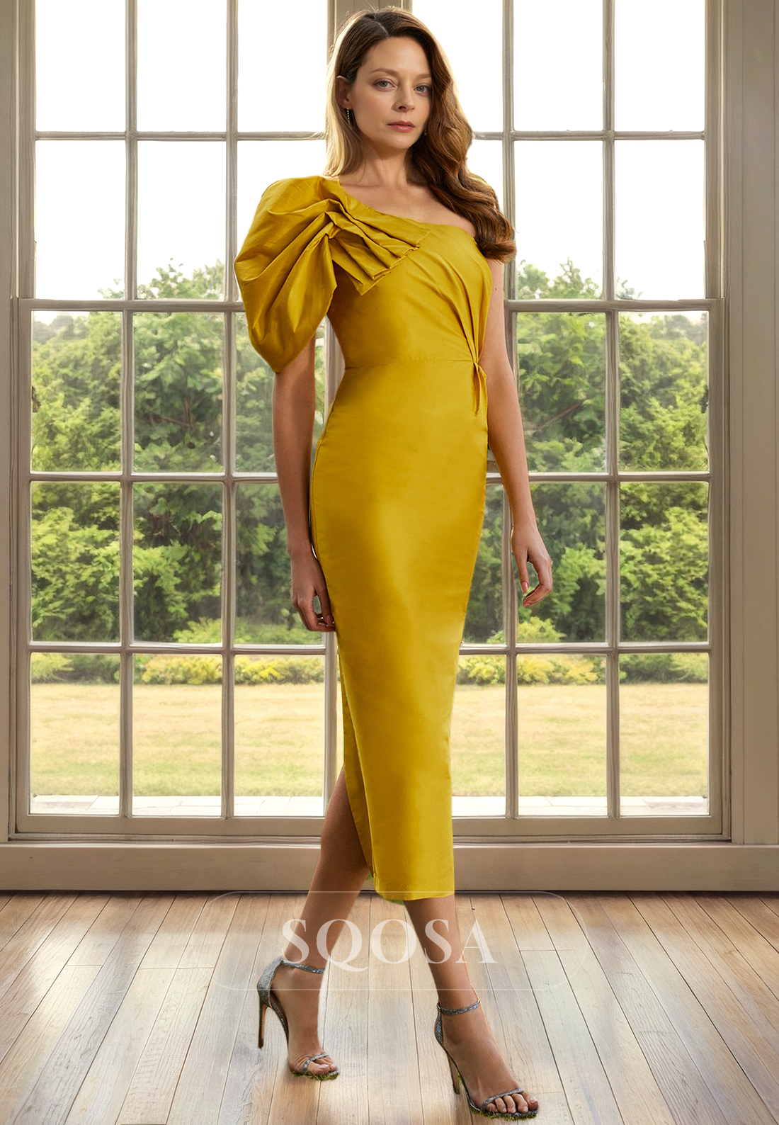 Sheath One Shoulder Pleats Elegant Cocktail Dress for Wedding Mother of The Bride Dress US12 / Yellow Sheath One Shoulder Pleats Elegant Cocktail Dress for Wedding Mother of The Bride Dress US12 / Yellow