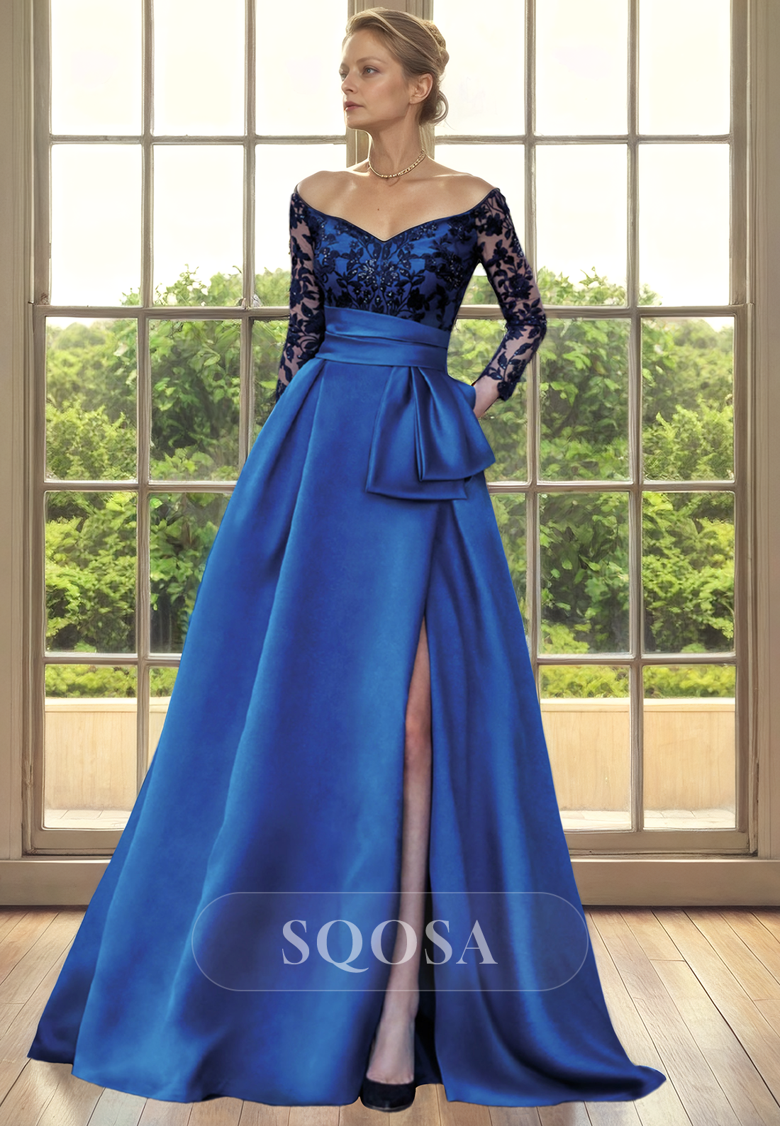 A Line Off Shoulder Lace Appliques 3/4 Sleeves Mother of the Bride Dress with Pockets Long Cocktail Dress US14 / Custom Color A Line Off Shoulder Lace Appliques 3/4 Sleeves Mother of the Bride Dress with Pockets Long Cocktail Dress US14 / Custom Color