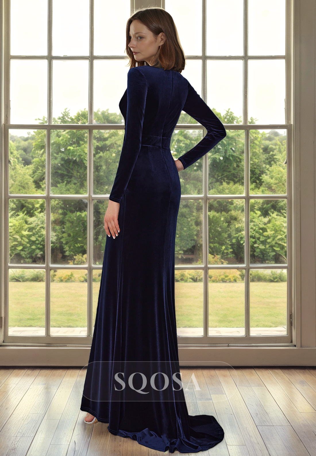 Sheath V Neck Velvet Long Sleeves Elegant Mother of the Bride Dress with Slit Long Cocktail Dress