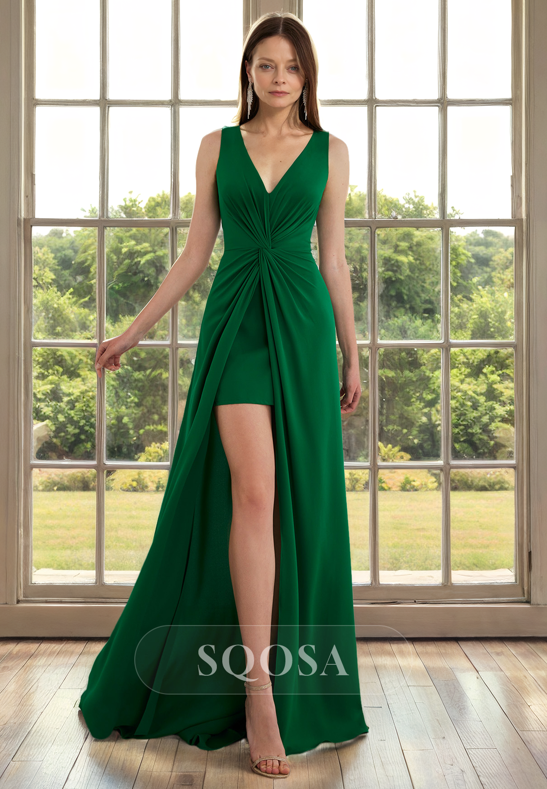 Sheath V neck Ruched Elegant Mother of the Bride Dress with Slit Long Cocktail Dress