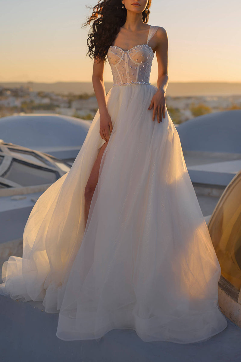 A Line Sweetheart Pearls Princess Wedding Dress QW2636 Custom Size / White A Line Sweetheart Pearls Princess Wedding Dress QW2636 Custom Size / White