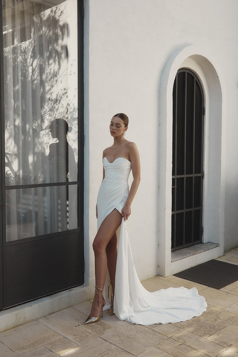 ivory column wedding dress Bandeau Structured Column Wedding Dress with Overskirt