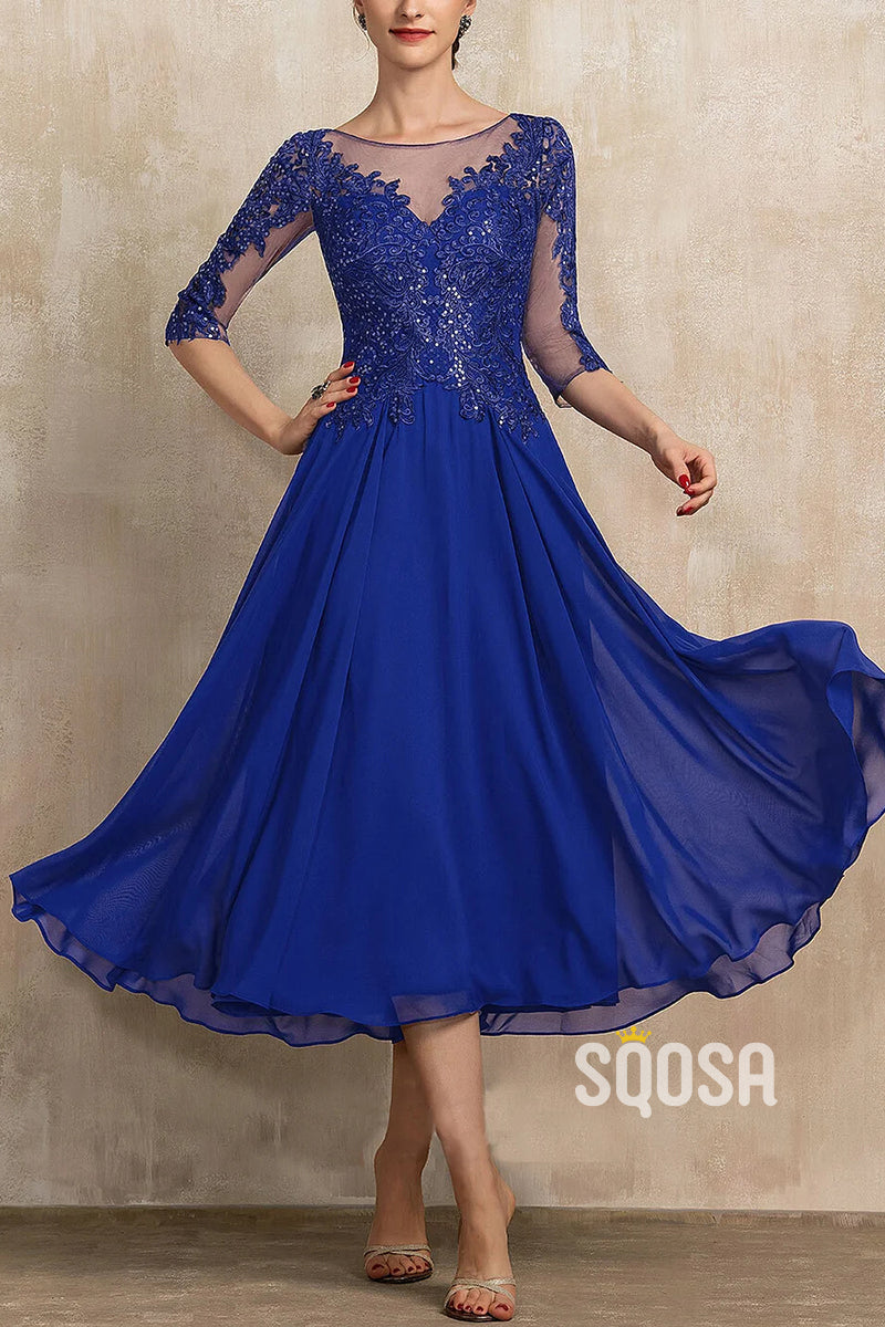 A-Line Sequins Sheer Chiffon Mother of the Bride Dress Elegant Evening Gown QM3250