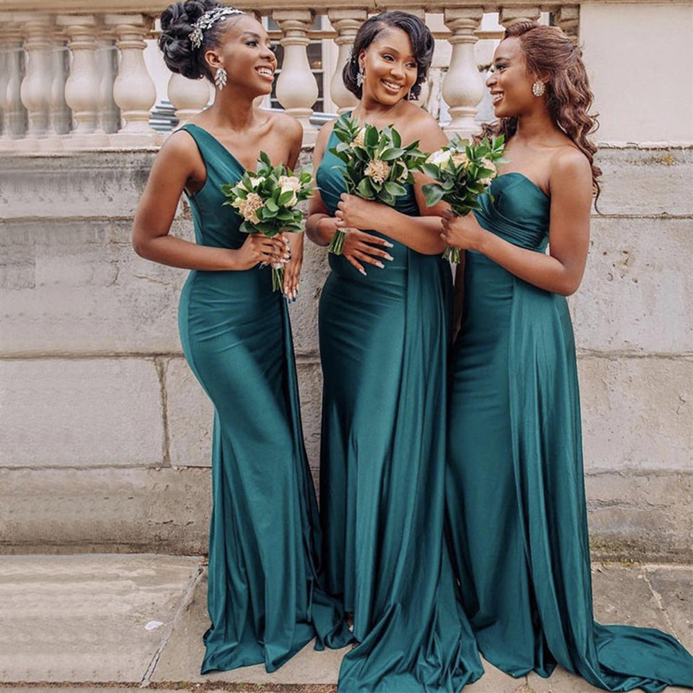 One Shoulder Satin Pleated Green Mermaid Bridesmaid Dress QB3107 US16 / As Pic One Shoulder Satin Pleated Green Mermaid Bridesmaid Dress QB3107 US16 / As Pic