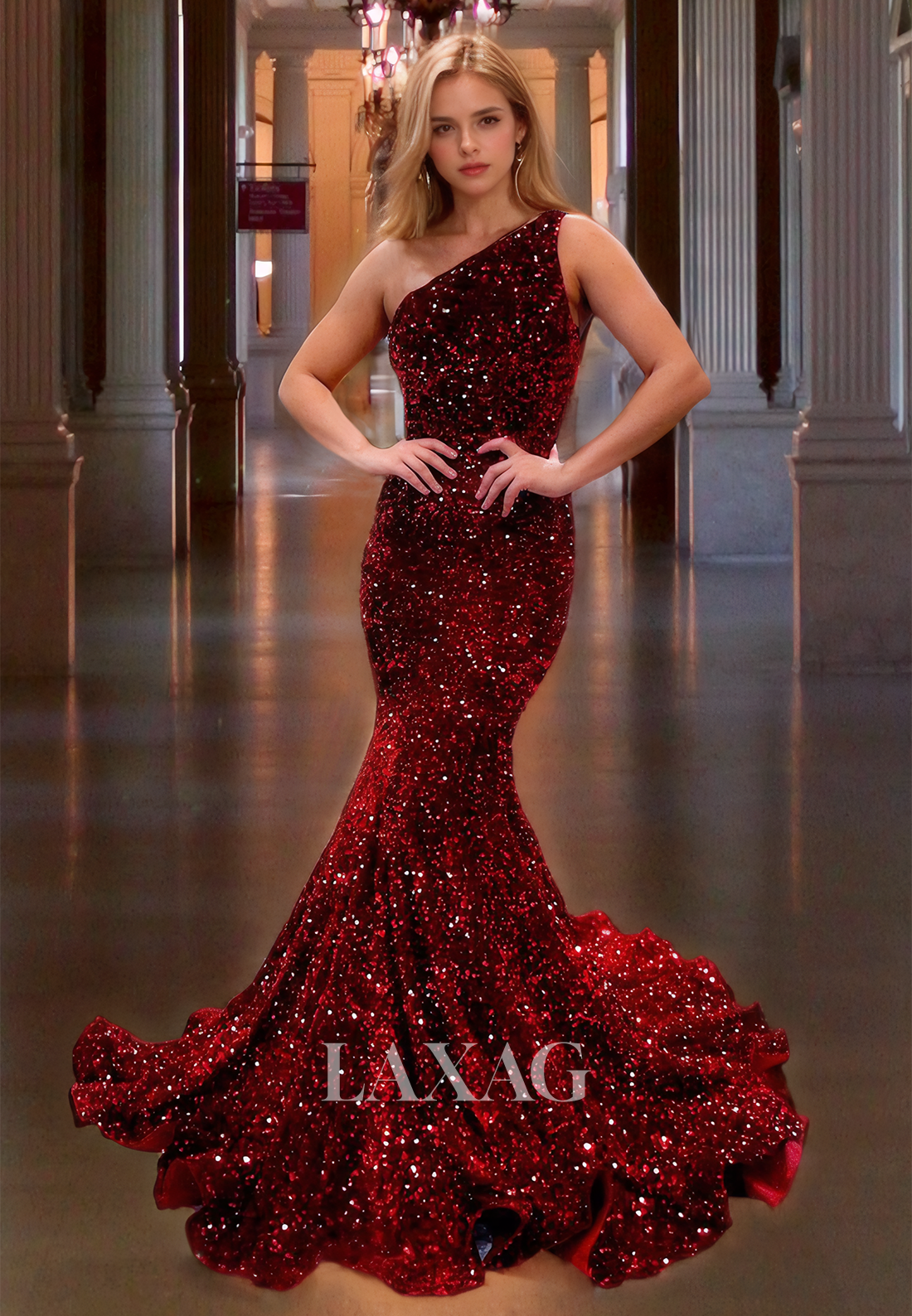 Asymmetrical Neck One-Shoulder Mermaid Prom Dress Allover Sequins Party Dress with Train Burgundy / Custom Size Asymmetrical Neck One-Shoulder Mermaid Prom Dress Allover Sequins Party Dress with Train Burgundy / Custom Size